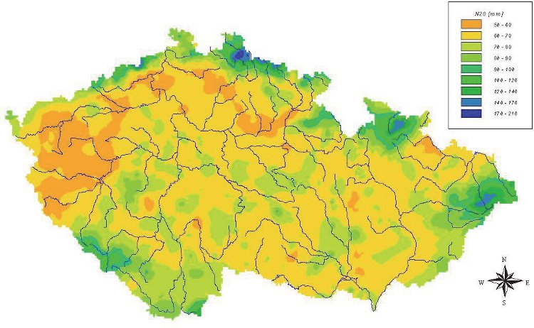 Obrázek – Rozložení 24hodinové srážky s průměrnou dobou opakování 20 let