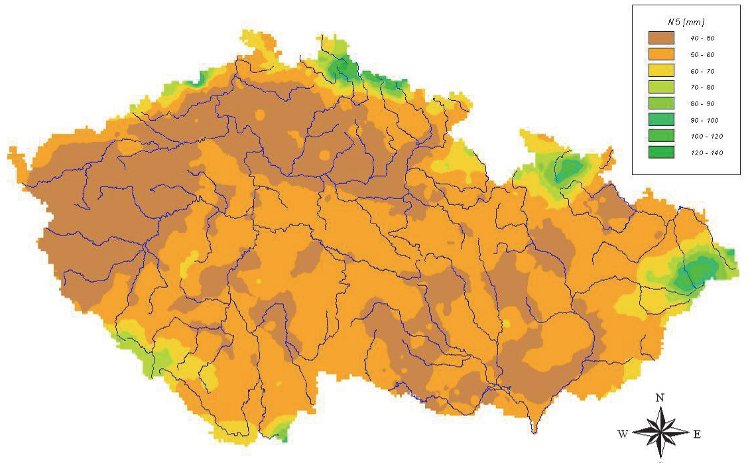 Obrázek – Rozložení 24hodinové srážky s průměrnou dobou opakování 5 let