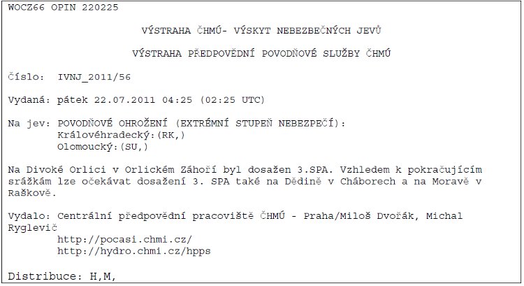 Obrázek – Příklad výstrahy ČHMÚ na výskyt nebezpečných jevů