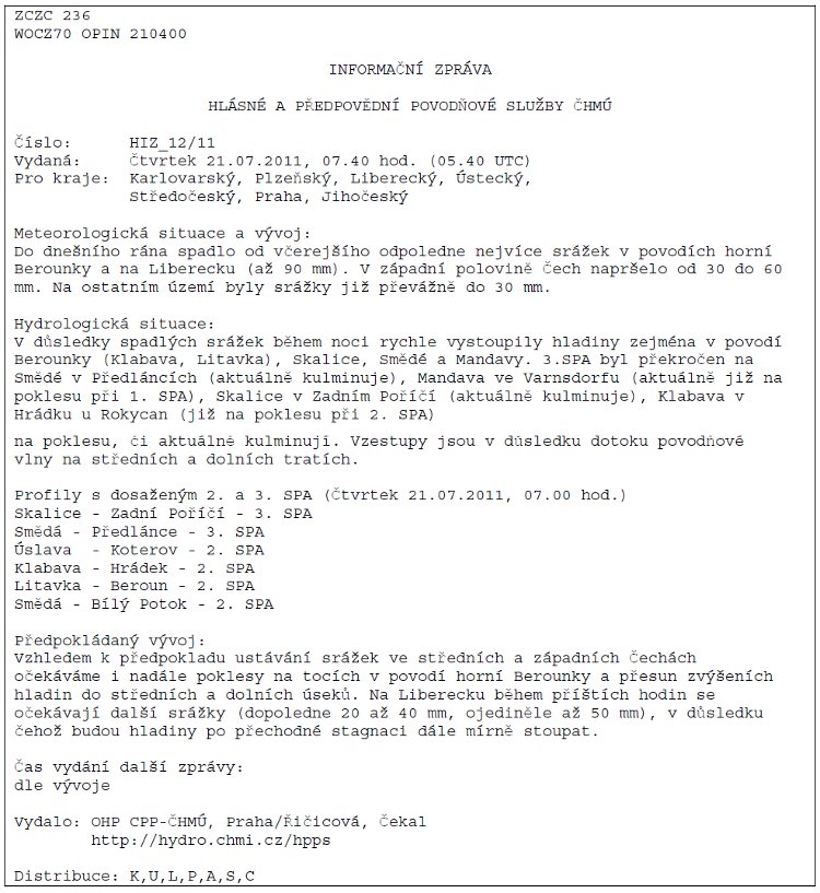 Obrázek – Příklad hydrologické informační zprávy ČHMÚ