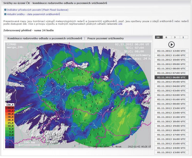 Obrázek - sdružená srážková informace, mapa v gridu 1x1 km obsahující srážkové úhrny za
zvolený interval. Lze volit srážkovou mapu odvozenou pouze z pozemních stanic nebo
kombinaci pozemních stanic a radarového odhadu. Časový interval je volitelný, zobrazit lze
srážky za 1, 3, 6 nebo 24 hodin.