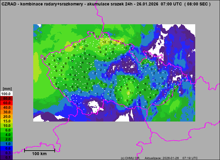 Srážky na území ČR - Kombinace radarového odhadu a pozemních srážkoměrů